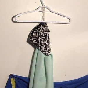 strapless, turquoise dress with white and black